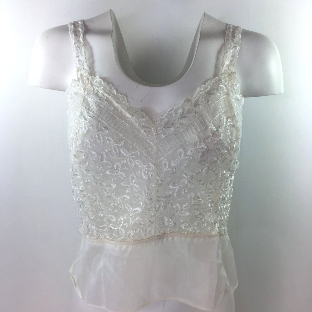 Vintage 80s Womens Lingerie Camisole Pajama Sleeveless Tank Top White Lace